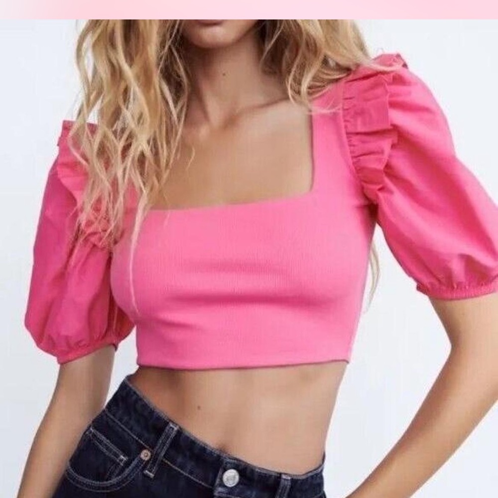 Zara Pink Ribbed Top with puss sleeve sz M